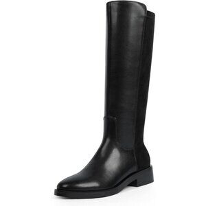 Women Polyurethane Stretch-black Round Toe Flat Heel Side Zipper Knee High Boots